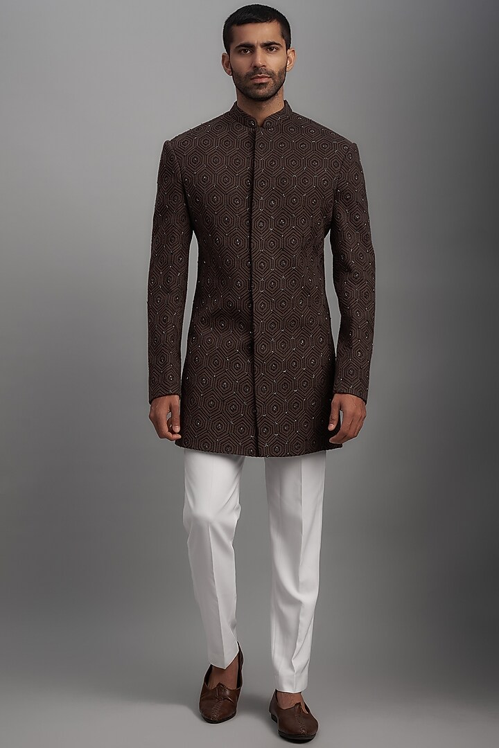 Brown Georgette Embroidered Wedding Sherwani Set by SVEN SUITS at Pernia's Pop Up Shop