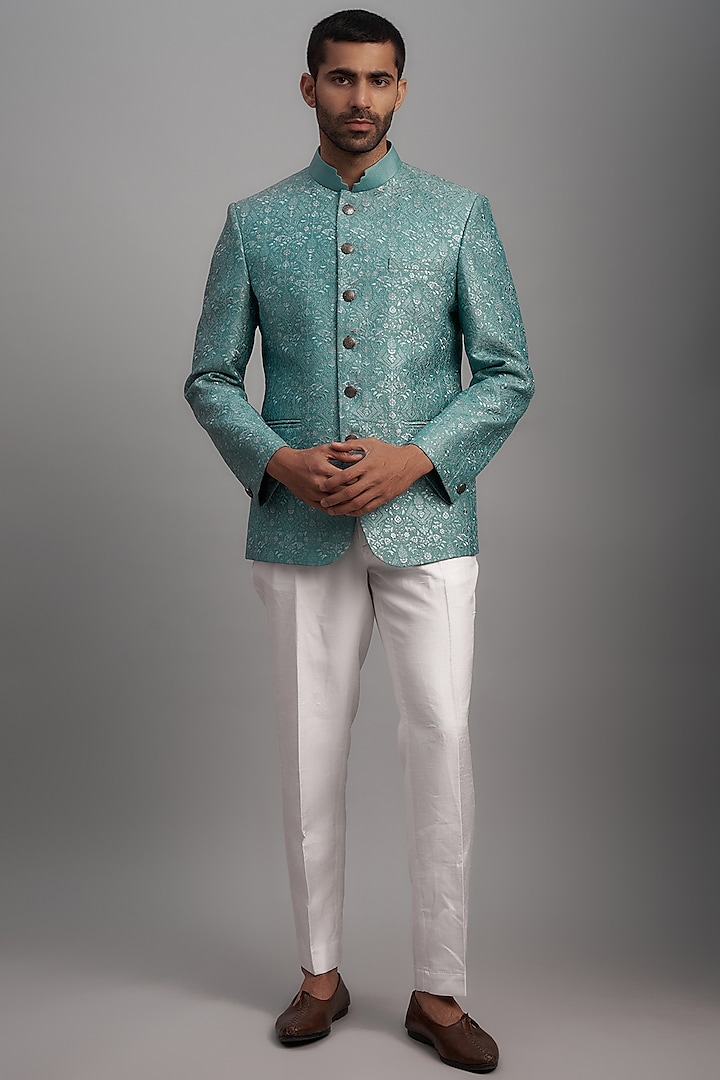 Aqua Blue Silk Embroidered Bandhgala Set by SVEN SUITS