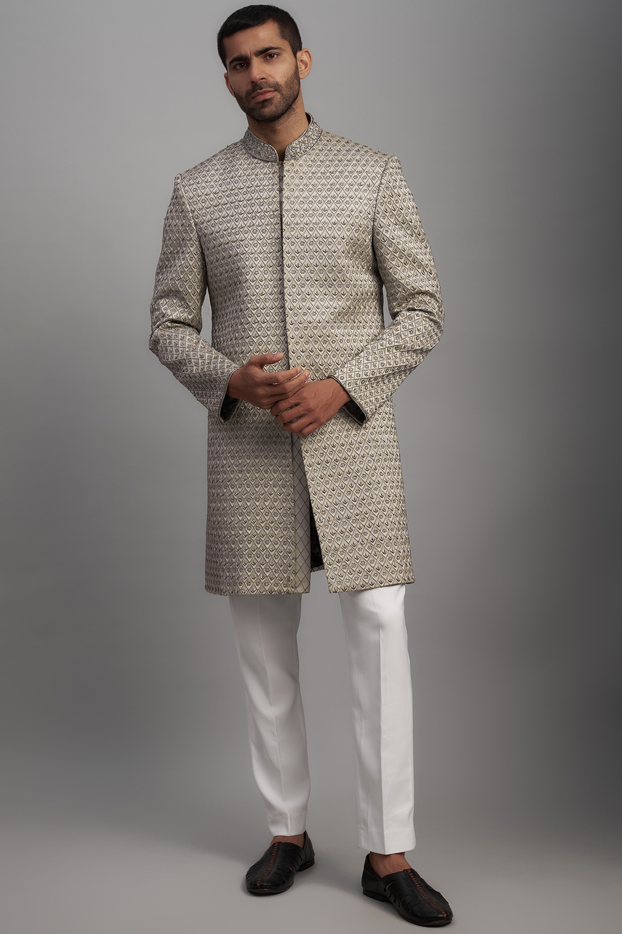 Grey Polyester & Viscose Embroidered Groom Sherwani Set by SVEN SUITS at Pernia's Pop Up Shop