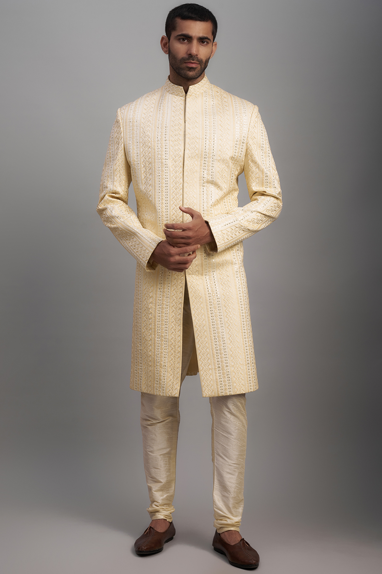 Ivory Silk Embroidered Wedding Sherwani Set by SVEN SUITS at Pernia's Pop Up Shop