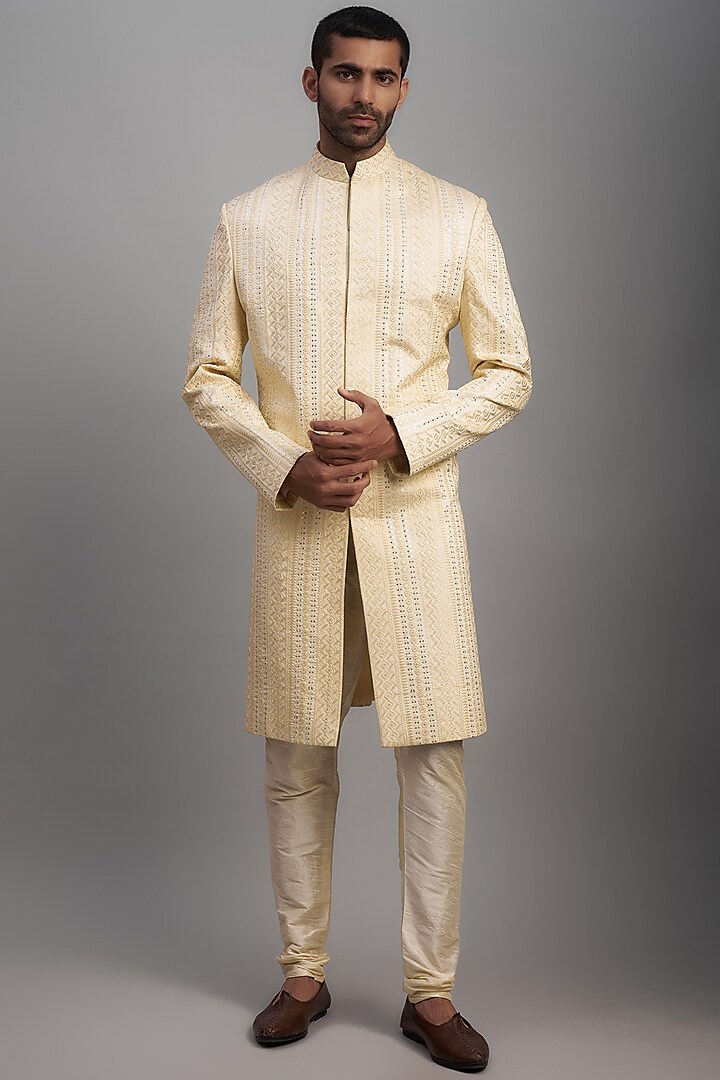 Ivory Silk Embroidered Wedding Sherwani Set by SVEN SUITS at Pernia's Pop Up Shop