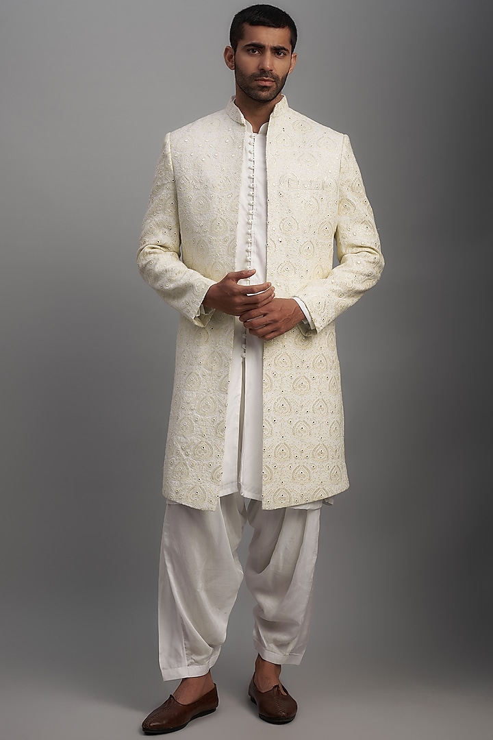 Ivory Silk Embroidered Indo-Western Set by SVEN SUITS