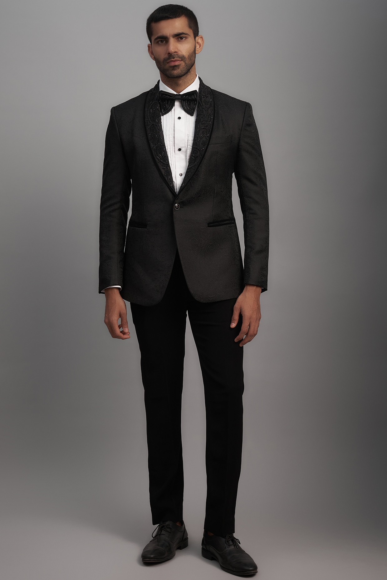 Black Polyester & Viscose Hand Embroidered Tuxedo Set by SVEN SUITS at Pernia's Pop Up Shop