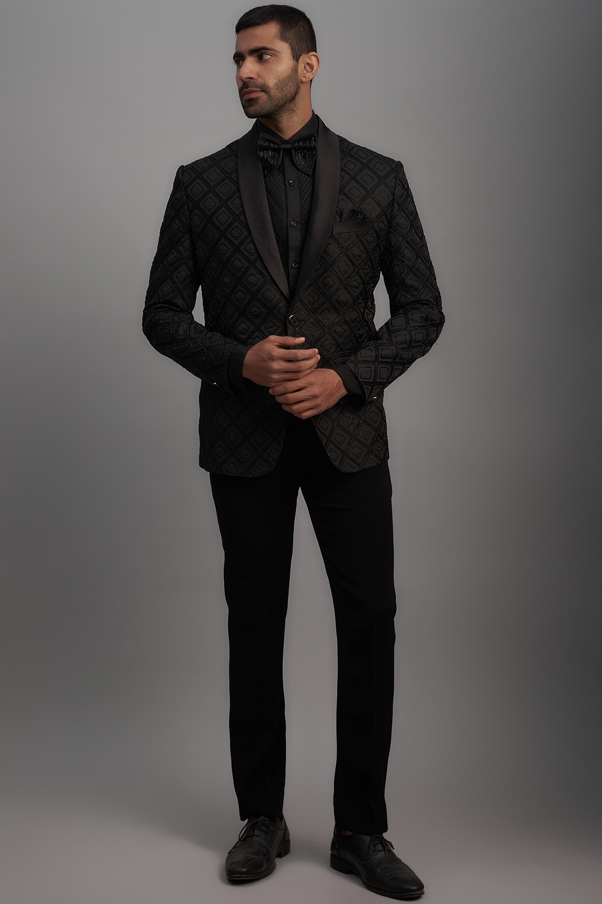 Black Polyester & Viscose Hand Embroidered Tuxedo Set by SVEN SUITS at Pernia's Pop Up Shop