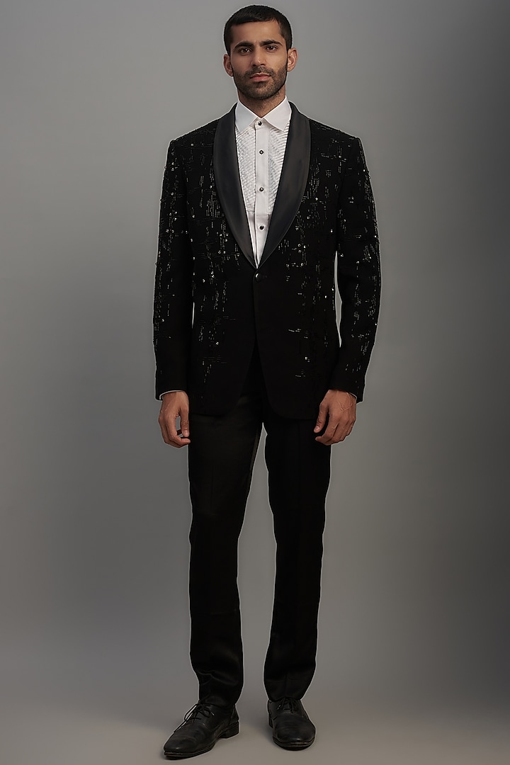 Black Polyester & Viscose Embroidered Tuxedo Set by SVEN SUITS at Pernia's Pop Up Shop