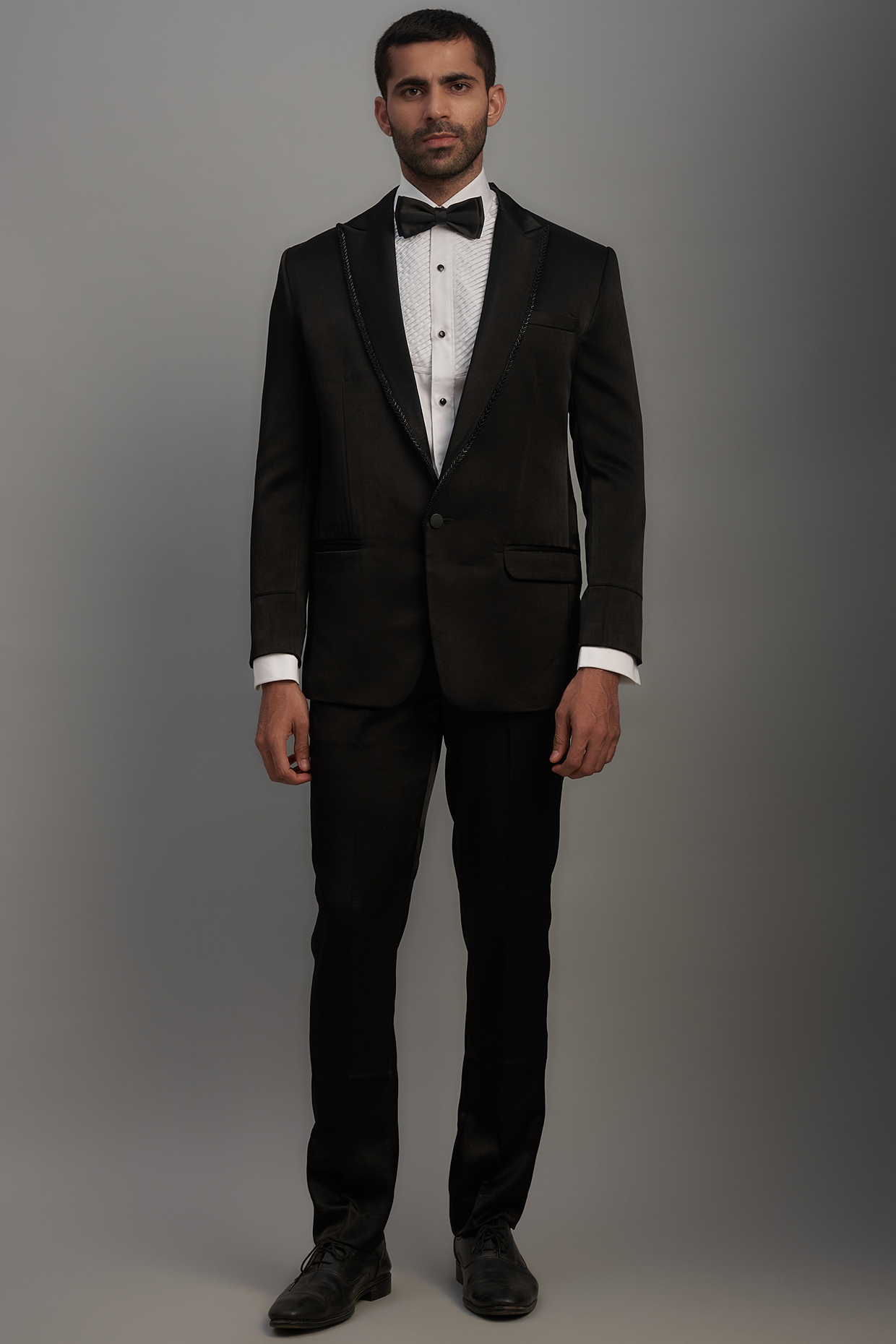 Black Shimmer Satin Hand Embroidered Tuxedo Set by SVEN SUITS at Pernia's Pop Up Shop