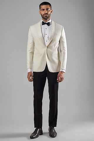 Ivory Satin & Polyester Viscose Embroidered Tuxedo Set by SVEN SUITS