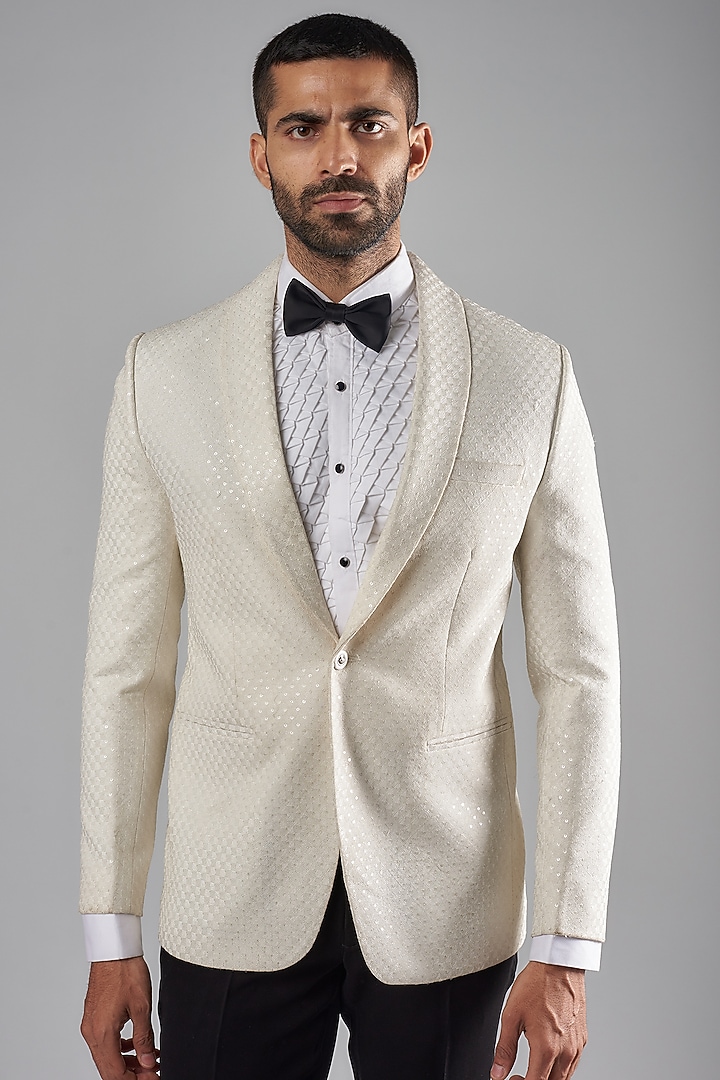 Ivory Satin & Polyester Viscose Embroidered Tuxedo Set by SVEN SUITS at Pernia's Pop Up Shop