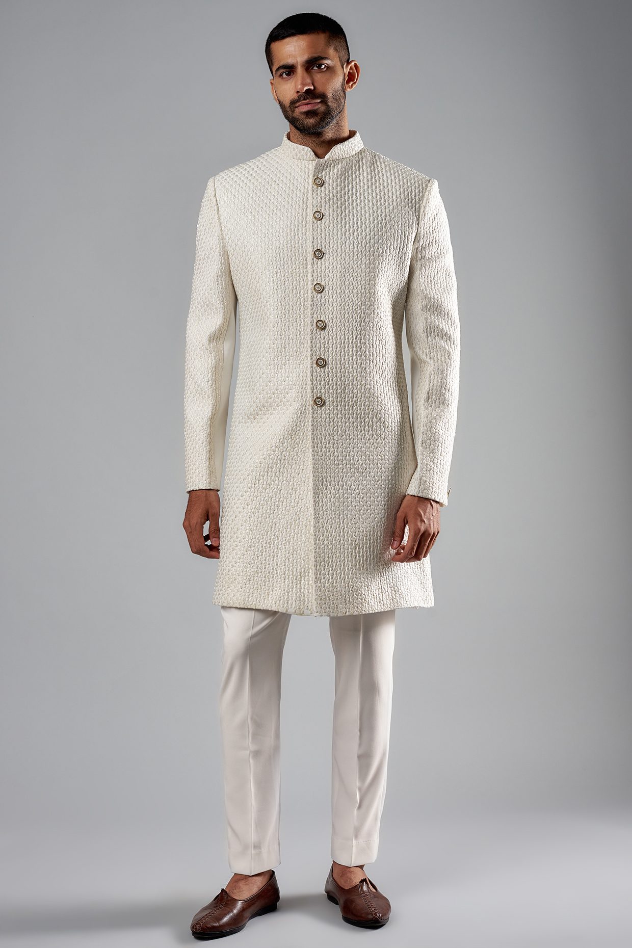 White Polyester Viscose Embroidered Wedding Sherwani Set by SVEN SUITS at Pernia's Pop Up Shop