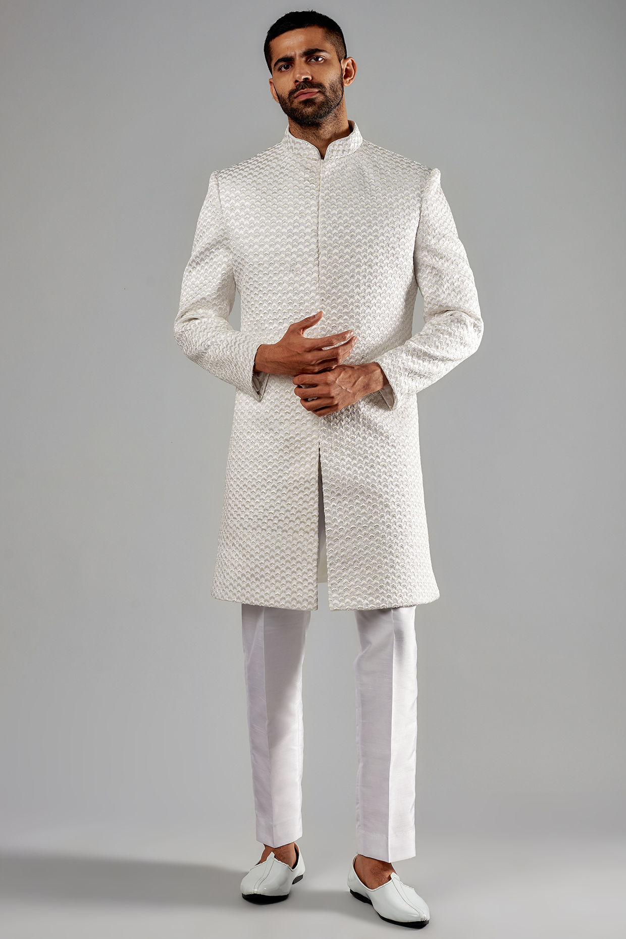 White Polyester Viscose Embroidered Wedding Sherwani Set by SVEN SUITS at Pernia's Pop Up Shop