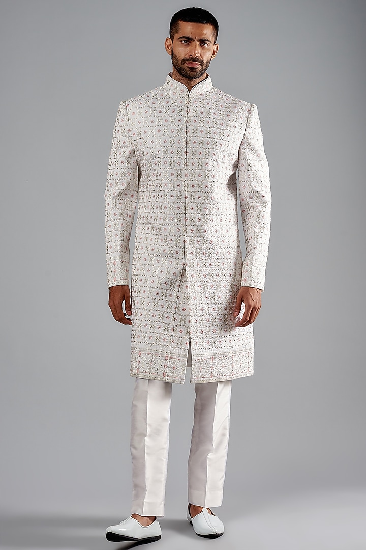 White Silk Embroidered Wedding Sherwani Set by SVEN SUITS at Pernia's Pop Up Shop