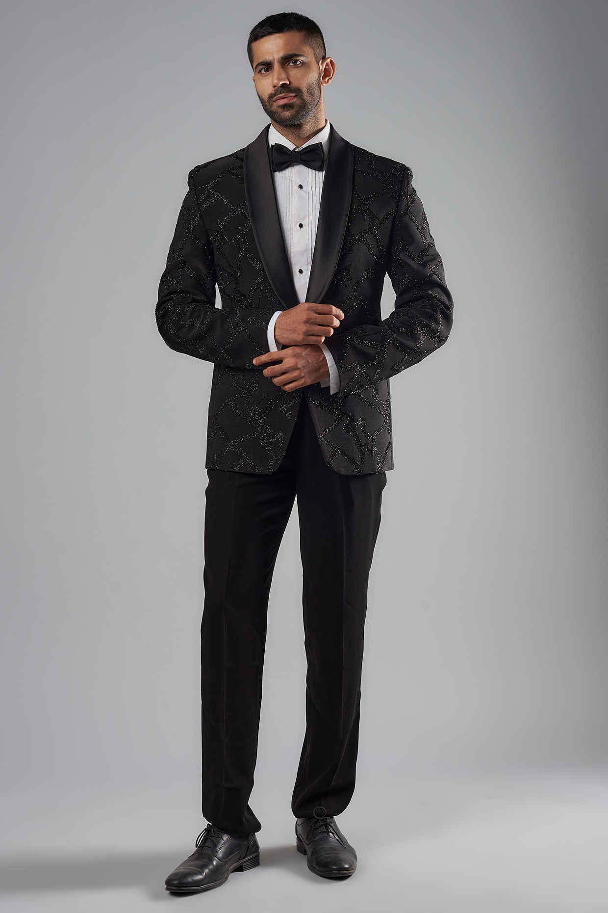 Black Polyester Viscose Embroidered Tuxedo Set by SVEN SUITS at Pernia's Pop Up Shop