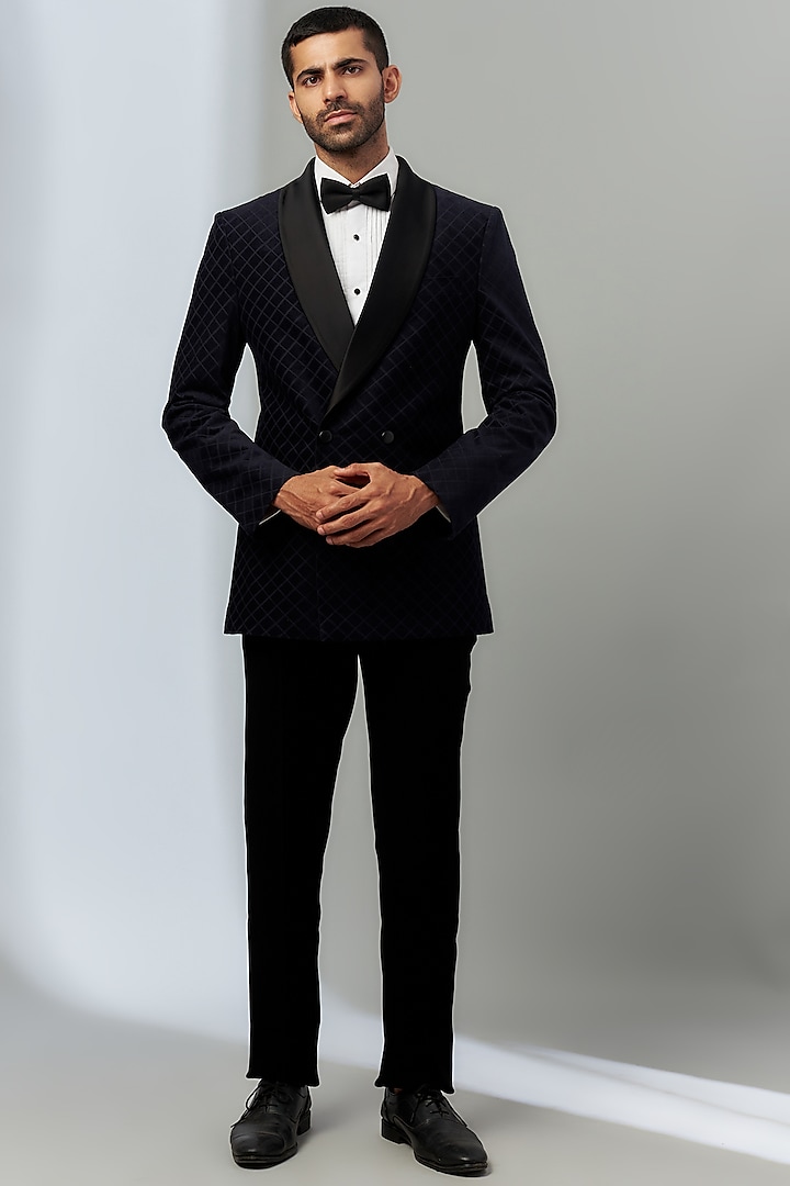 Navy Blue Velvet & Polyester Viscose Embossed Double Breasted Tuxedo Set by SVEN SUITS