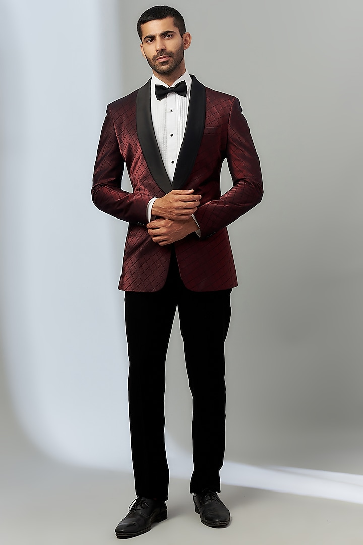 Wine Polyester Viscose Printed Tuxedo Set by SVEN SUITS