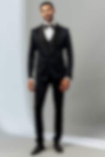 Midnight Blue Satin Polyester Hand Embroidered Tuxedo Set by SVEN SUITS at Pernia's Pop Up Shop