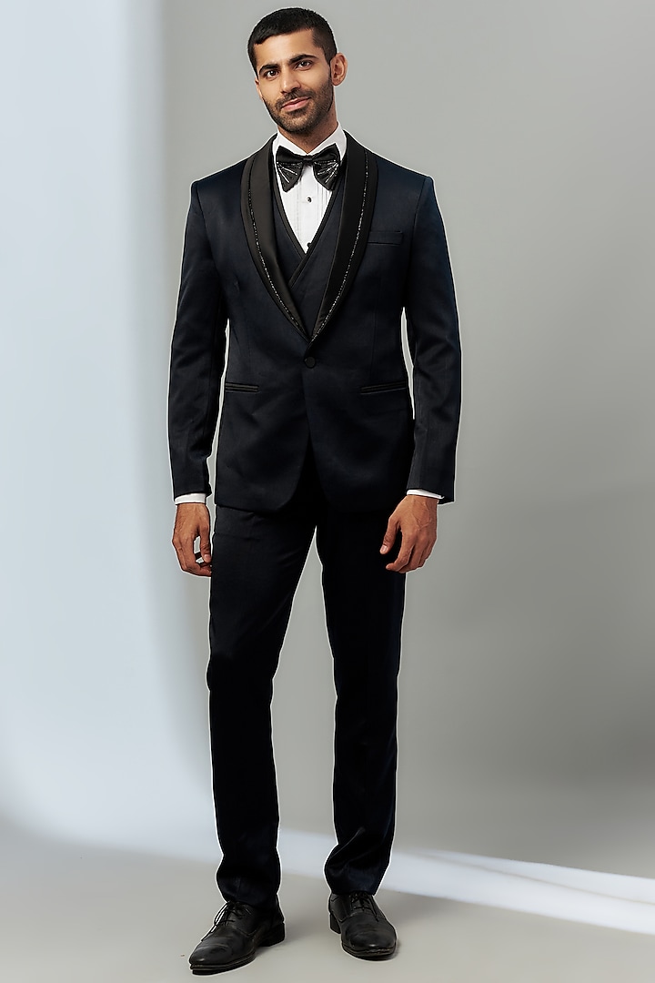 Midnight Blue Satin Polyester Hand Embroidered Tuxedo Set by SVEN SUITS at Pernia's Pop Up Shop