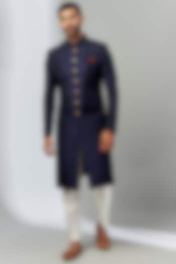 Navy Blue Faux Silk Hand Embroidered Wedding Sherwani Set by SVEN SUITS at Pernia's Pop Up Shop