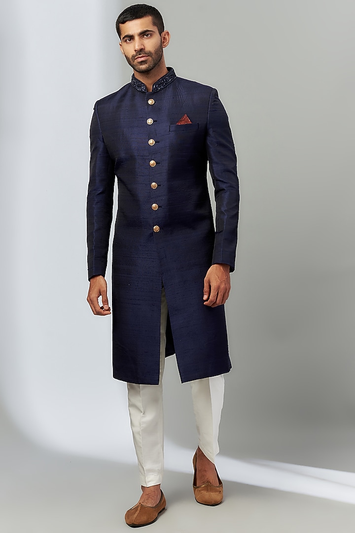 Navy Blue Faux Silk Hand Embroidered Wedding Sherwani Set by SVEN SUITS at Pernia's Pop Up Shop