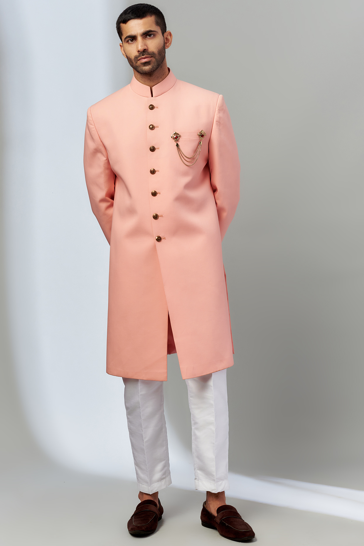 Peach Polyester Viscose Sherwani Set by SVEN SUITS at Pernia's Pop Up Shop