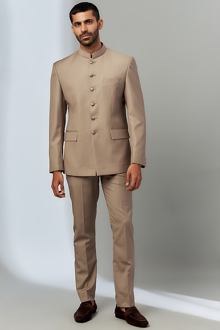 Beige Terry Rayon Bandhgala Jacket Set by SVEN SUITS at Pernia's Pop Up Shop