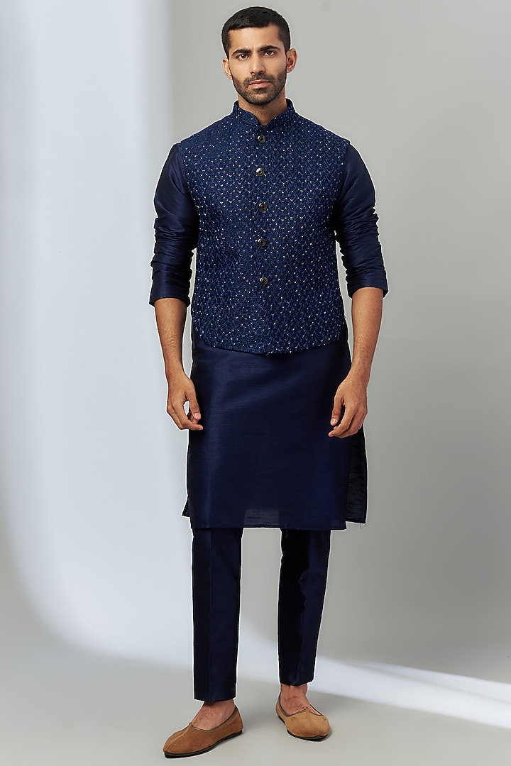 Royal Blue Silk Hand Embroidered Bundi Jacket Set by SVEN SUITS at Pernia's Pop Up Shop