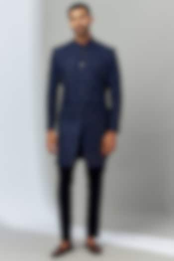 Royal Blue Silk Hand Embroidered Groom Sherwani Set by SVEN SUITS at Pernia's Pop Up Shop