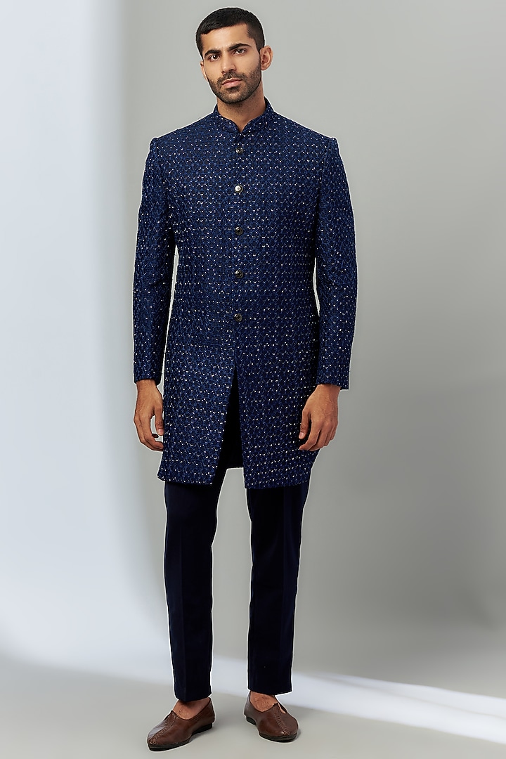 Royal Blue Silk Hand Embroidered Groom Sherwani Set by SVEN SUITS at Pernia's Pop Up Shop