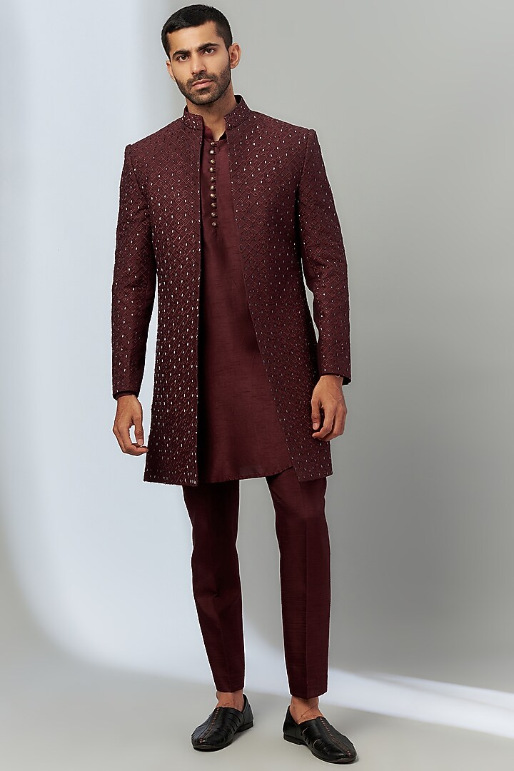 Maroon Silk Hand Embroidered Groom Indowestern Set by SVEN SUITS at Pernia's Pop Up Shop