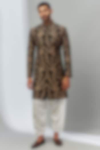 Blue Velvet Embroidered Wedding Sherwani Set by SVEN SUITS at Pernia's Pop Up Shop