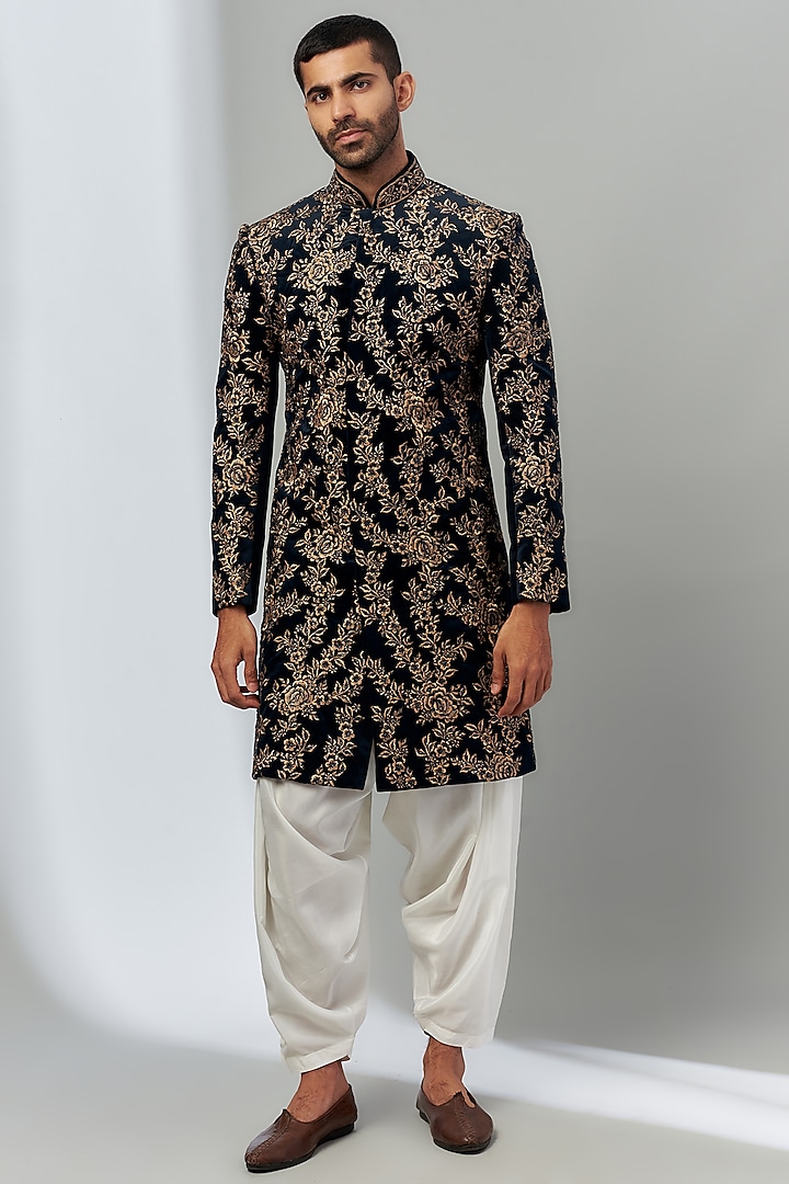 Blue Velvet Embroidered Wedding Sherwani Set by SVEN SUITS at Pernia's Pop Up Shop