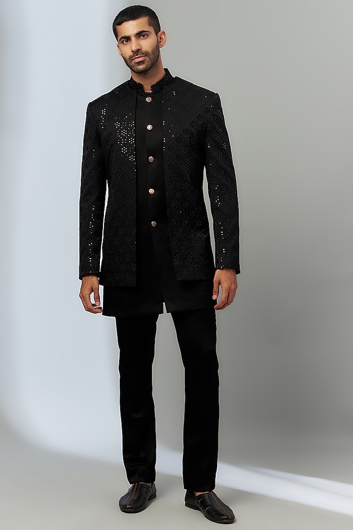 Black Satin Polyester Embroidered Indowestern Set by SVEN SUITS