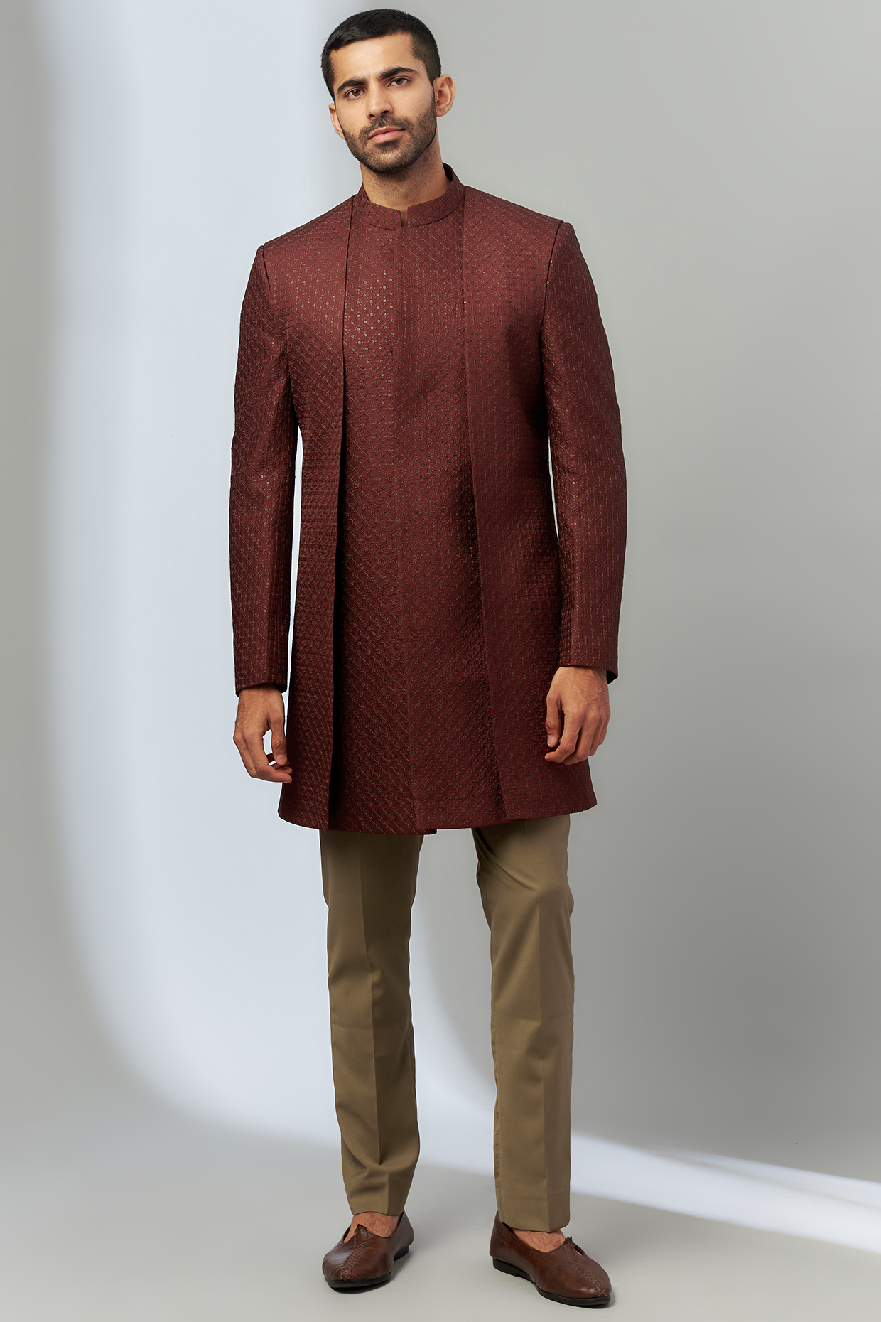 Maroon Nylon & Polyester Embroidered Wedding Indowestern Set by SVEN SUITS at Pernia's Pop Up Shop