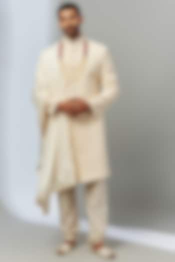 Ivory Korean Silk Hand Embroidered Wedding Sherwani Set by SVEN SUITS at Pernia's Pop Up Shop