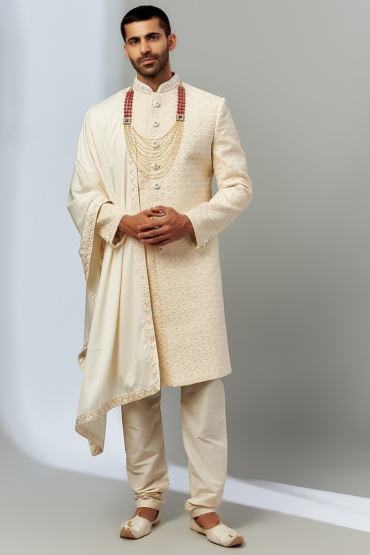 Ivory Korean Silk Hand Embroidered Wedding Sherwani Set by SVEN SUITS at Pernia's Pop Up Shop