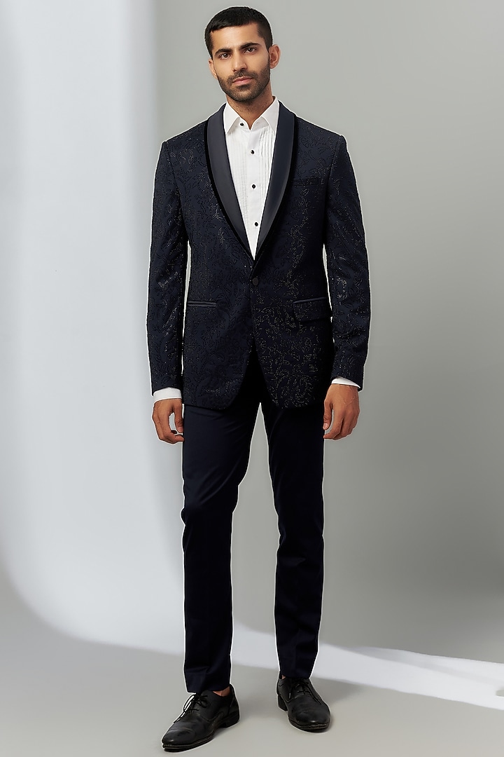 Blue Terry Rayon Embroidered Tuxedo Set by SVEN SUITS at Pernia's Pop Up Shop