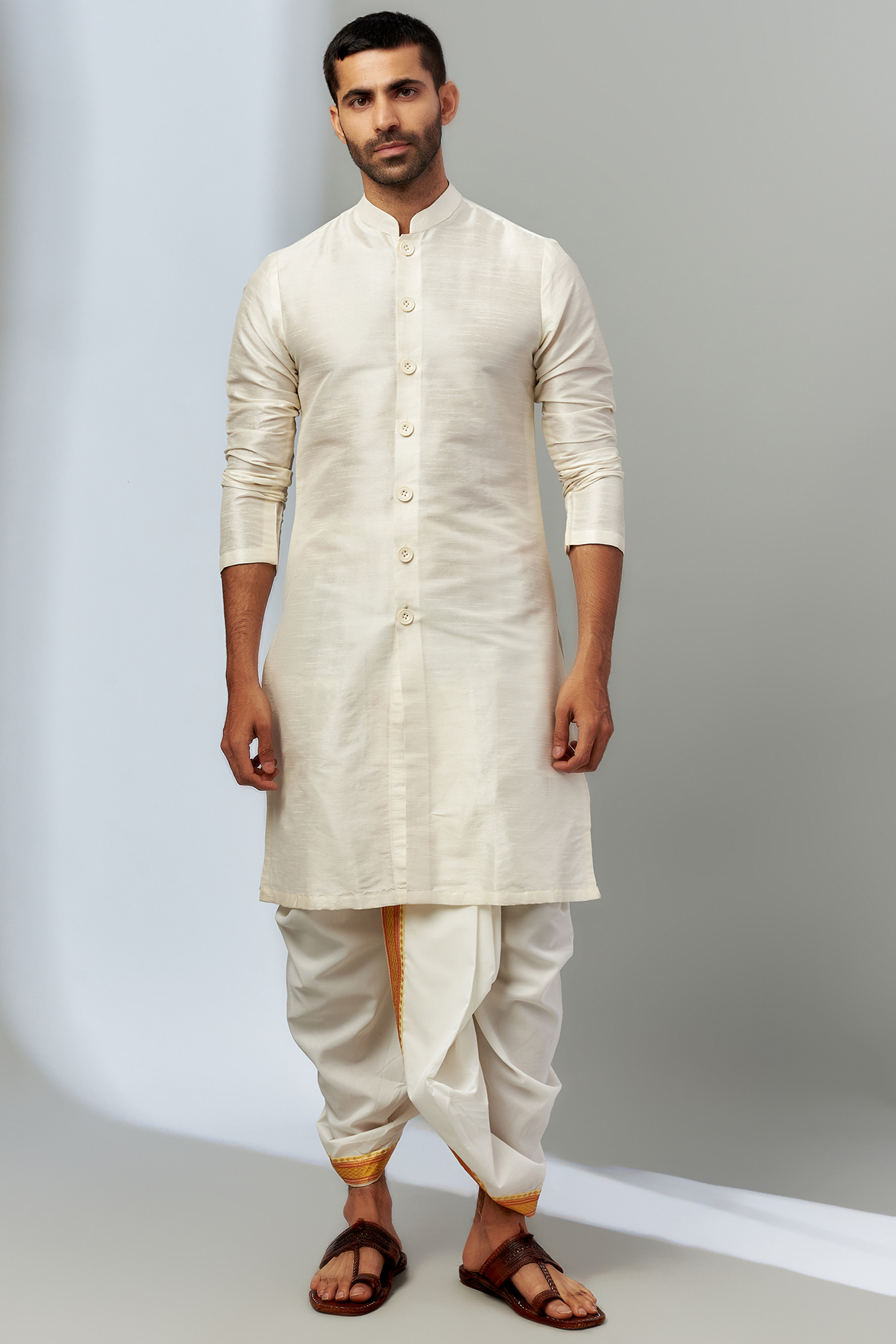 Ivory Faux Silk Achkan Kurta Set by SVEN SUITS