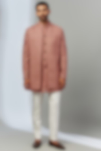 Peach Silk Embroidered Wedding Indowestern Set by SVEN SUITS at Pernia's Pop Up Shop