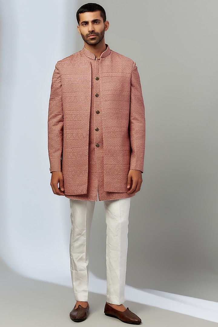 Peach Silk Embroidered Wedding Indowestern Set by SVEN SUITS at Pernia's Pop Up Shop