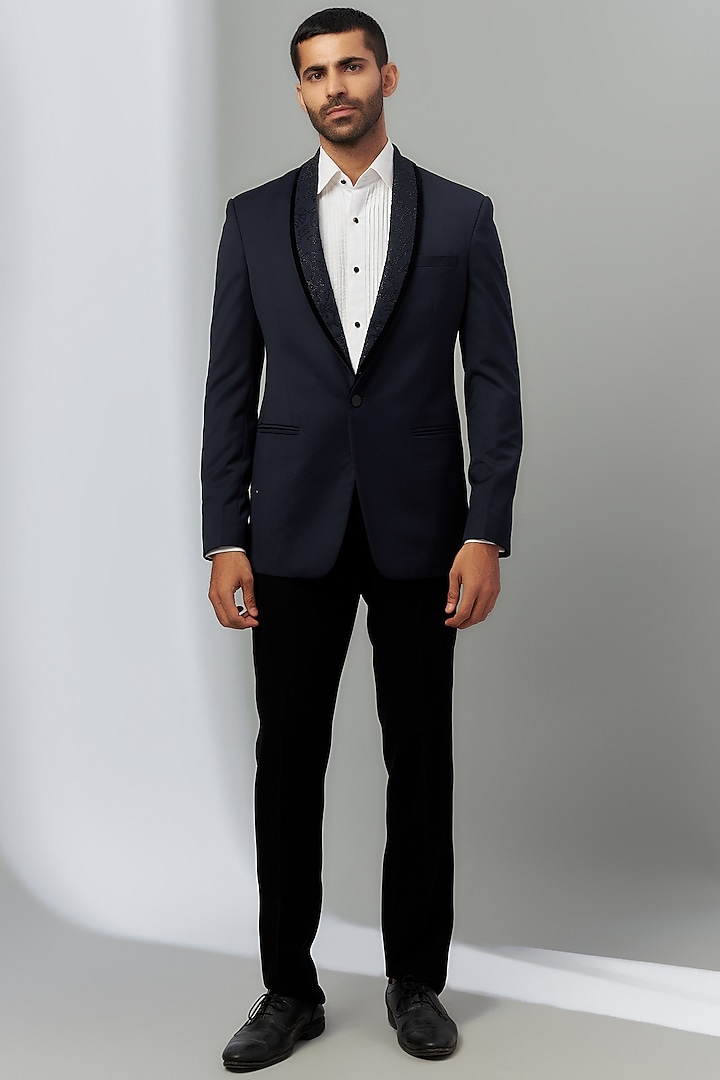 Blue Terry Rayon Embroidered Tuxedo Set by SVEN SUITS