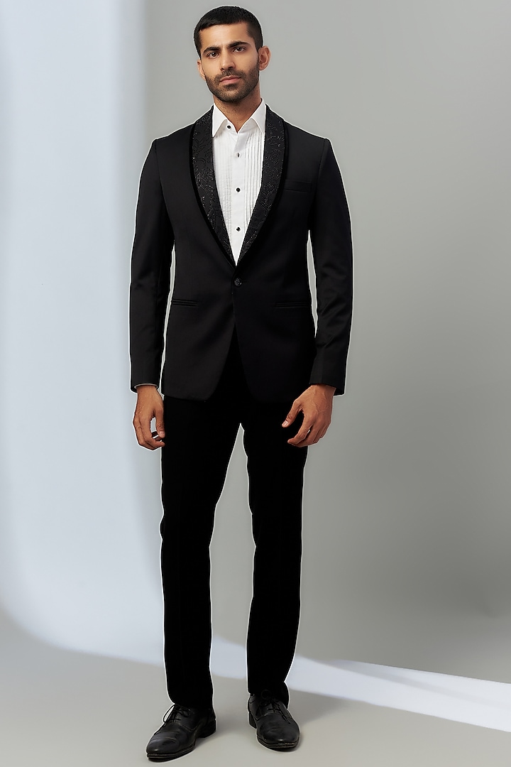 Black Terry Rayon Embroidered Tuxedo Set by SVEN SUITS