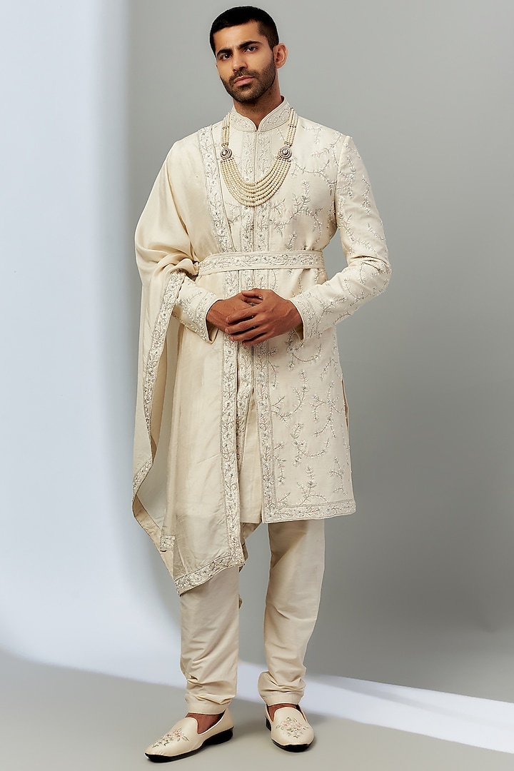 Ivory Silk Embroidered Groom Sherwani Set by SVEN SUITS at Pernia's Pop Up Shop