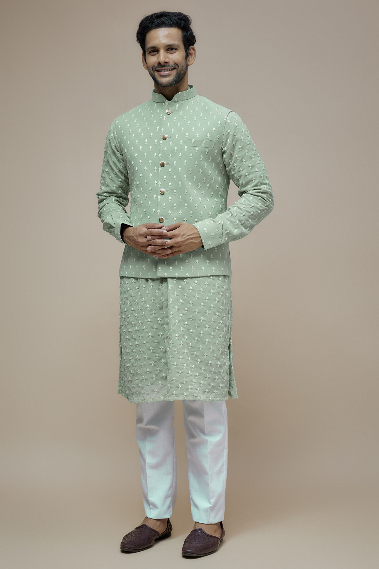 Green Georgette Sequins Embroidered Bundi Jacket Set by SVEN SUITS at Pernia's Pop Up Shop