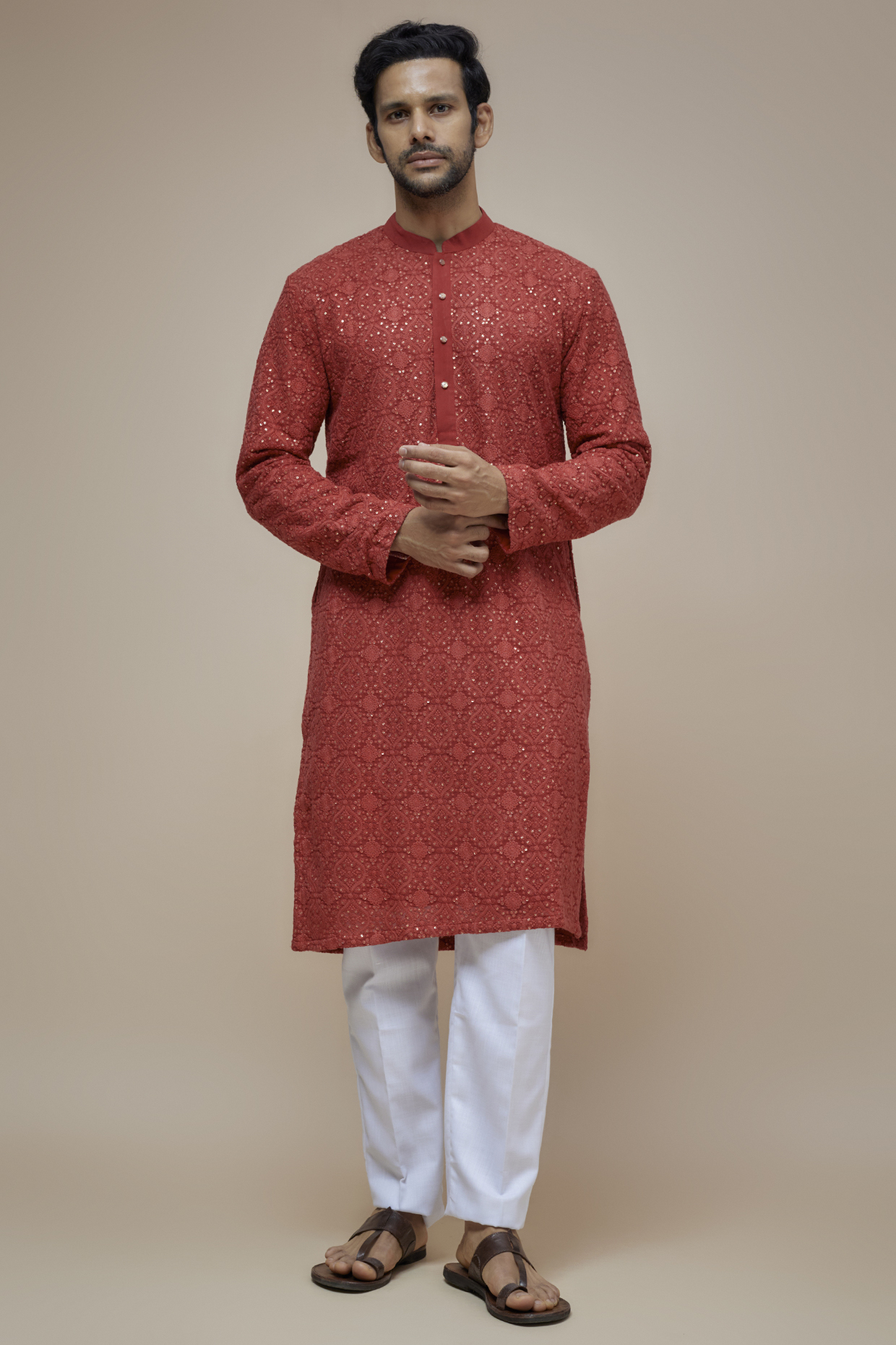 Carrot Red Georgette Thread & Sequins Embroidered Kurta Set by SVEN SUITS at Pernia's Pop Up Shop
