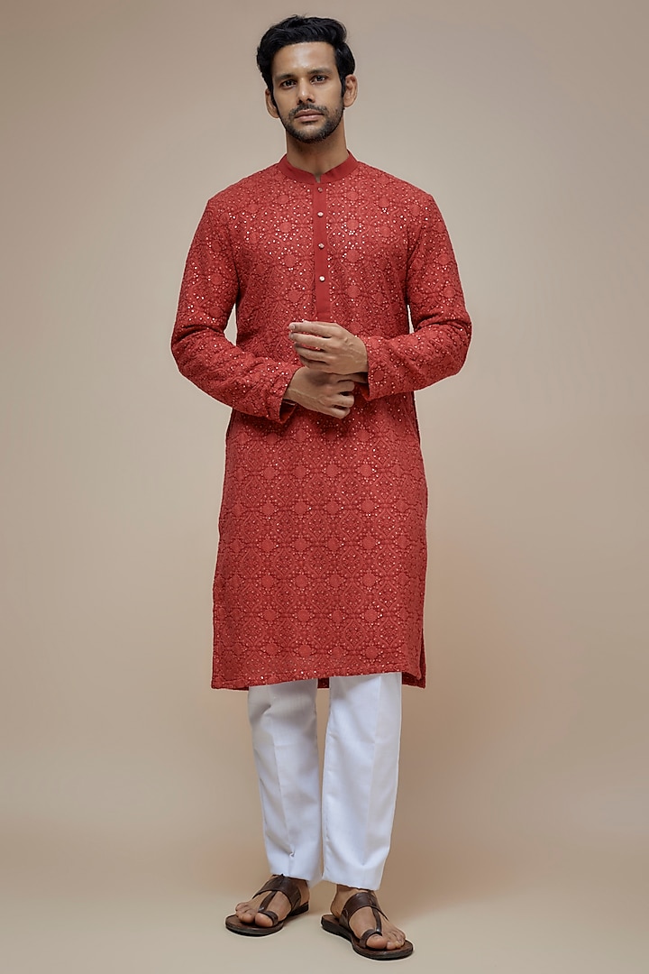 Carrot Red Georgette Thread & Sequins Embroidered Kurta Set by SVEN SUITS