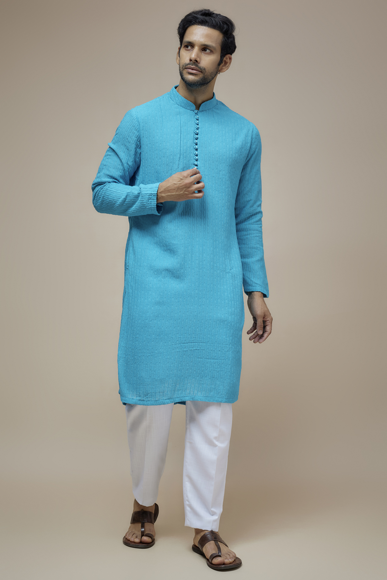 Firozi Blue Georgette Thread Embroidered Kurta Set by SVEN SUITS at Pernia's Pop Up Shop
