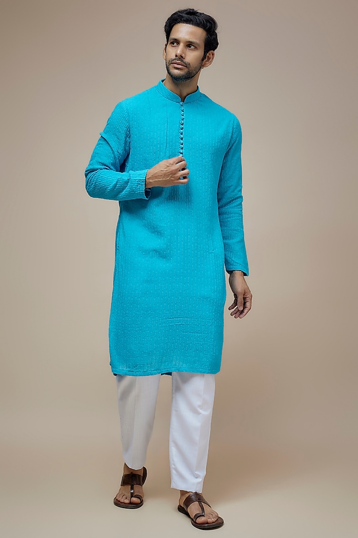 Firozi Blue Georgette Thread Embroidered Kurta Set by SVEN SUITS at Pernia's Pop Up Shop