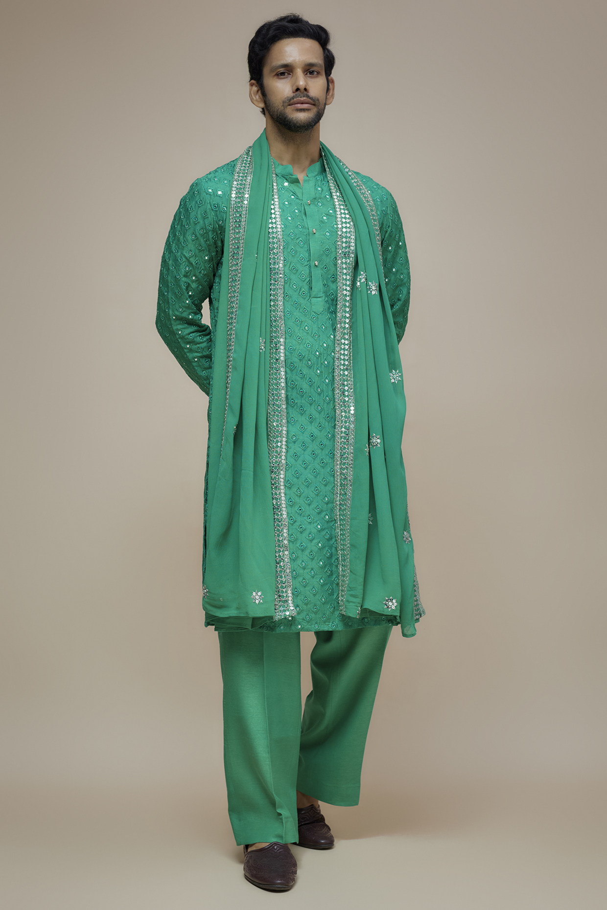 Castleton Green Silk MIrror Embroidered Kurta Set by SVEN SUITS at Pernia's Pop Up Shop