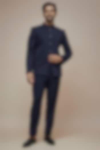 Blue PV Stretch Cutdana Embroidered Wedding Bandhgala Set by SVEN SUITS at Pernia's Pop Up Shop