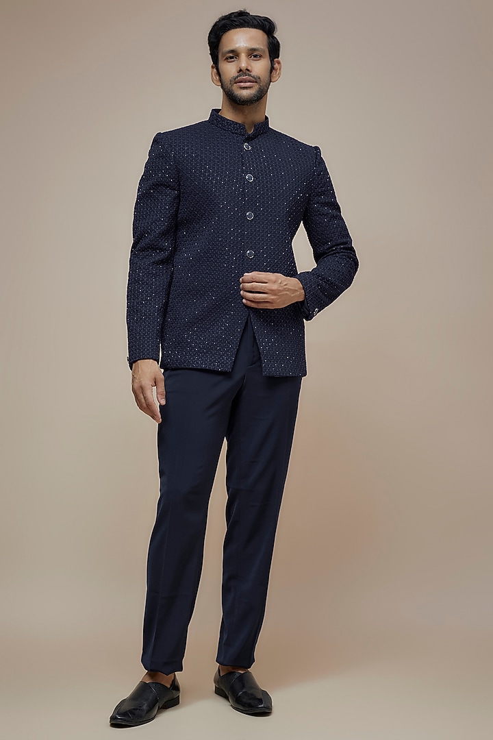 Blue PV Stretch Cutdana Embroidered Wedding Bandhgala Set by SVEN SUITS at Pernia's Pop Up Shop