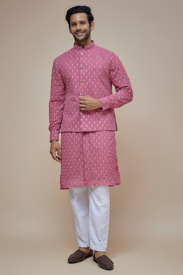 Pink Georgette Sequins Embroidered Bundi Jacket Set by SVEN SUITS